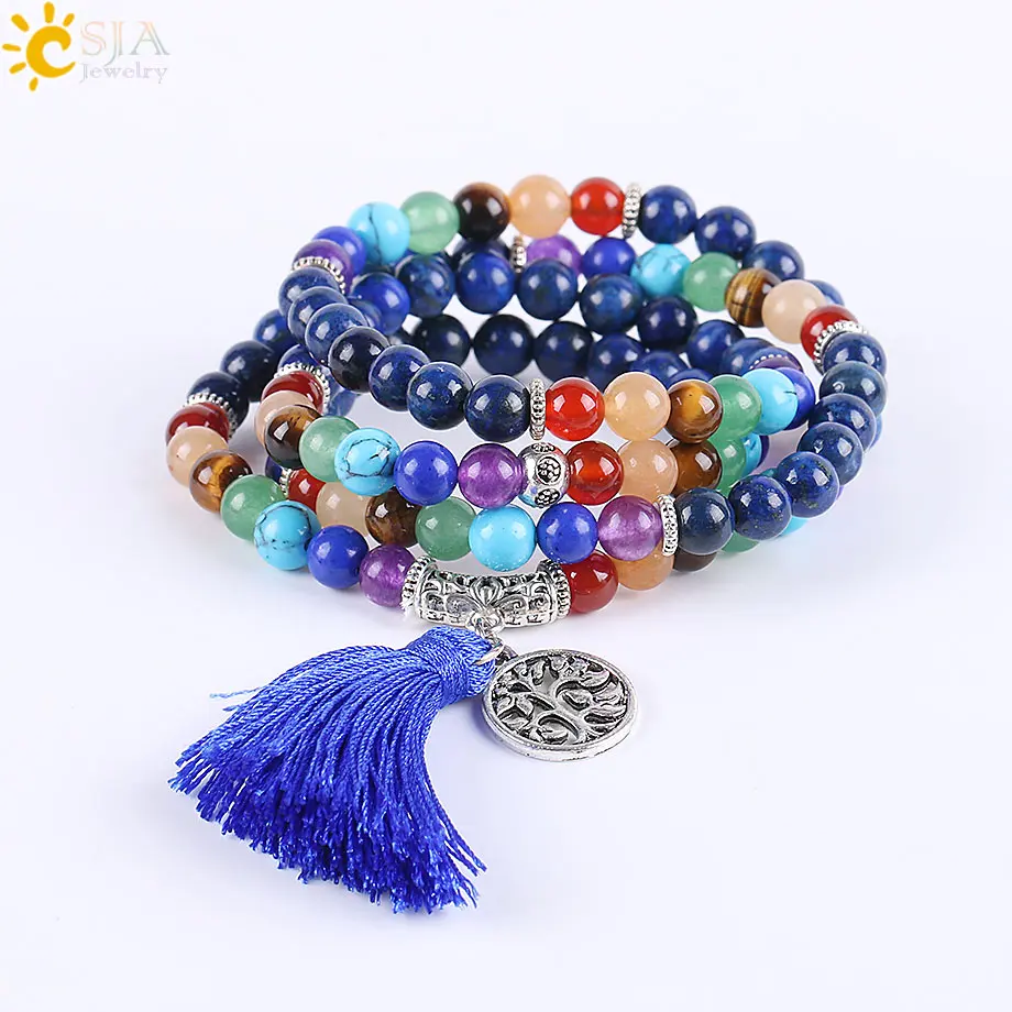 CSJA 7 Chakra Multilayer Charms Bracelets Jewelry Lapis Lazuli 108 Mala Prayer Beads Reiki Healing Yoga Meditation Power 4 3
