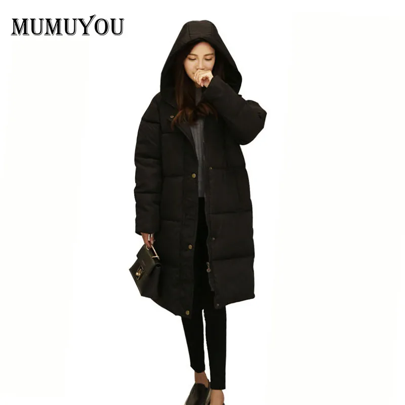 Women Black Long Parkas Hooded Thick Coats Solid Long Sleeve Jacket