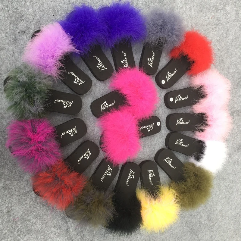 

2018 Fur Slides Women Ostrich Home Slippers 6 cm height Female Sweet Sandals Beach Shoes Summer Pantufa Sliders Flip Flops 33-44