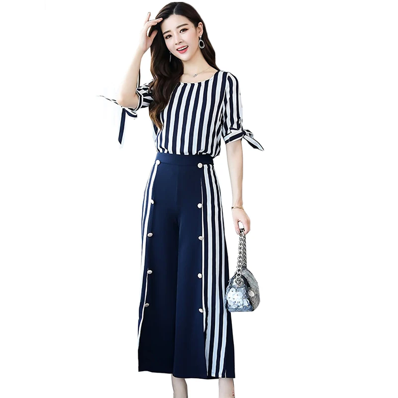 

Womens Two Piece Sets 2018 Summer Set New Striped Top and Wide leg pants Women set Slim Large size Casual Women sets clothes 203