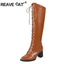 REAVE CAT/женские сапоги до колена на толстом каблуке; зимние теплые сапоги с острым носком из искусственной кожи; модные сапоги на молнии; botas mulher mujer; A771