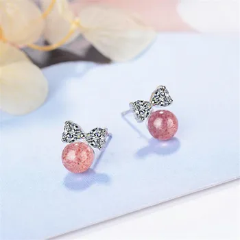 

New Fashion Temperament Female 925 Sterling Silver Jewelry Pink Strawberry Crystal Bow Cute Peach Stud Earrings SE494