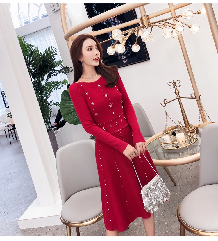 Luxury Goddess Spring Knitted Ball Gown Dress Fashion Women Red Beading Sweater Dress High Quality Elastic Dresses L2825