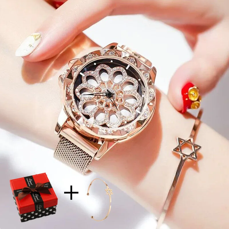 

Dropshipping Women Watches Luxury Brand Rotate Flower cystal quartz wrist watch for women bracelet gold dress ladies watch clock