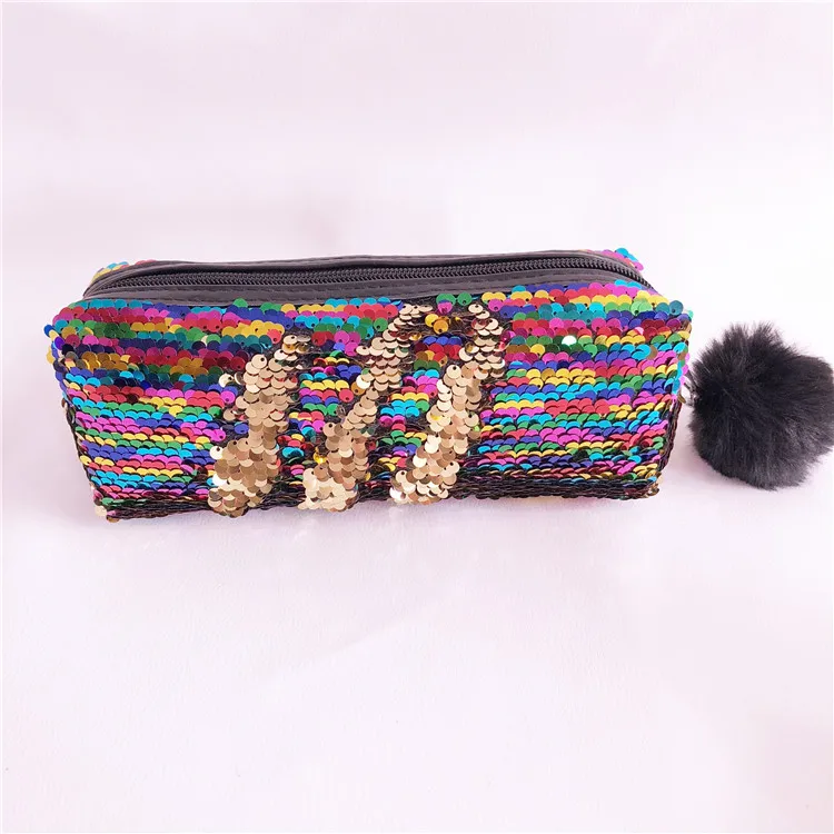 School Pencil Case Reversible Sequin Hairball PencilCase For Girls Bts Stationery Gift Cute Pencil Box Kawaii Student Supplies - Цвет: Colorful gold