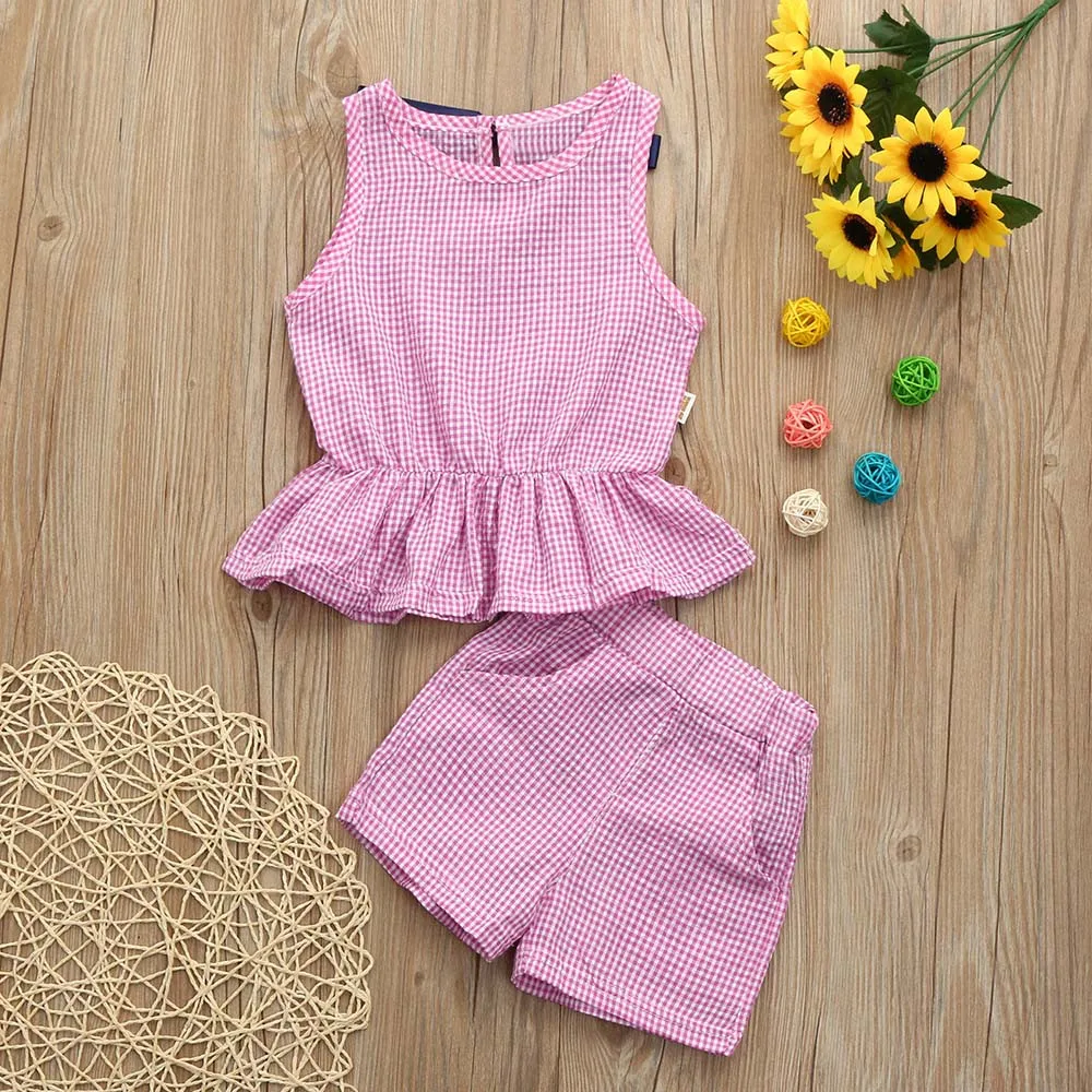 

Summer Children Girls Cute Baby Plaid Lattice Vest Ruffles Sleeveless Shirts + Shorts 2pcs Kids Clothes Suits Baby's Costume@30
