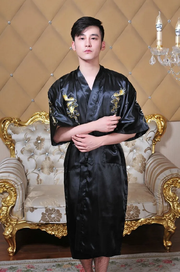Шанхай история китайский мужские сатин, полиэстер Одежда с вышивкой кимоно, ночная рубашка пижама с драконом M L XL XXL XXXL 5 цветов