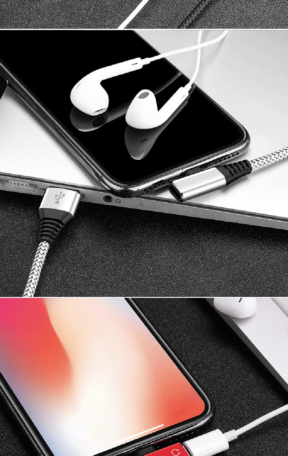 ACCEZZ двойное освещение зарядное устройство аудио адаптер для iphone X 8 7 Plus адаптеры для зарядки разветвитель AUX кабели 1,2 м для Apple XS MAX XR