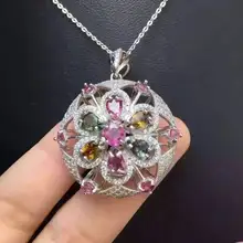 Натуральный турмалин подвеска 925 Серебро Природный камень кулон Цепочки и ожерелья Модные гортензии круглый женщин девушки ювелирные изделия