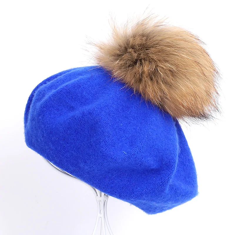 Blue Берет художника, уличные шапки художника, осень и зима, новые теплые вязаные однотонные кепки, модный мех енота, помпон, берет в стиле винтаж - Цвет: Blue