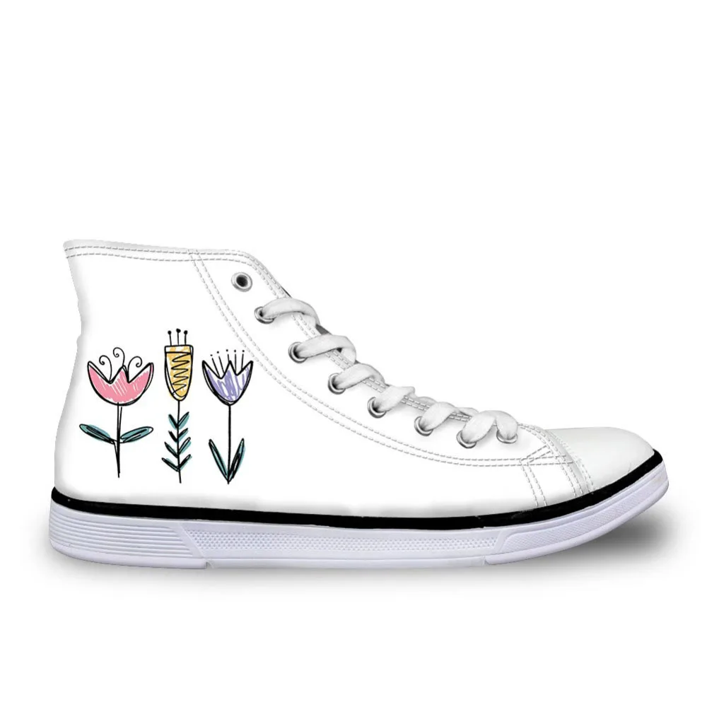 

Simple Design Classic White Canvas Shoes Cartoon Flowers Prints Solid Color Shoes Women Flats Vulcanize Shoes New