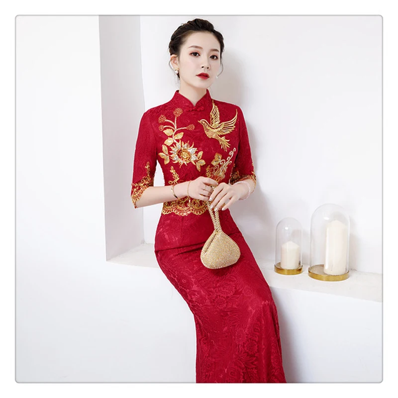 Красное вино Кружева Вышивка Русалка Cheongsam девушки китайский традиционный свадебный платье женщины Qipao сексуальный Восточный вечер платья Длинные