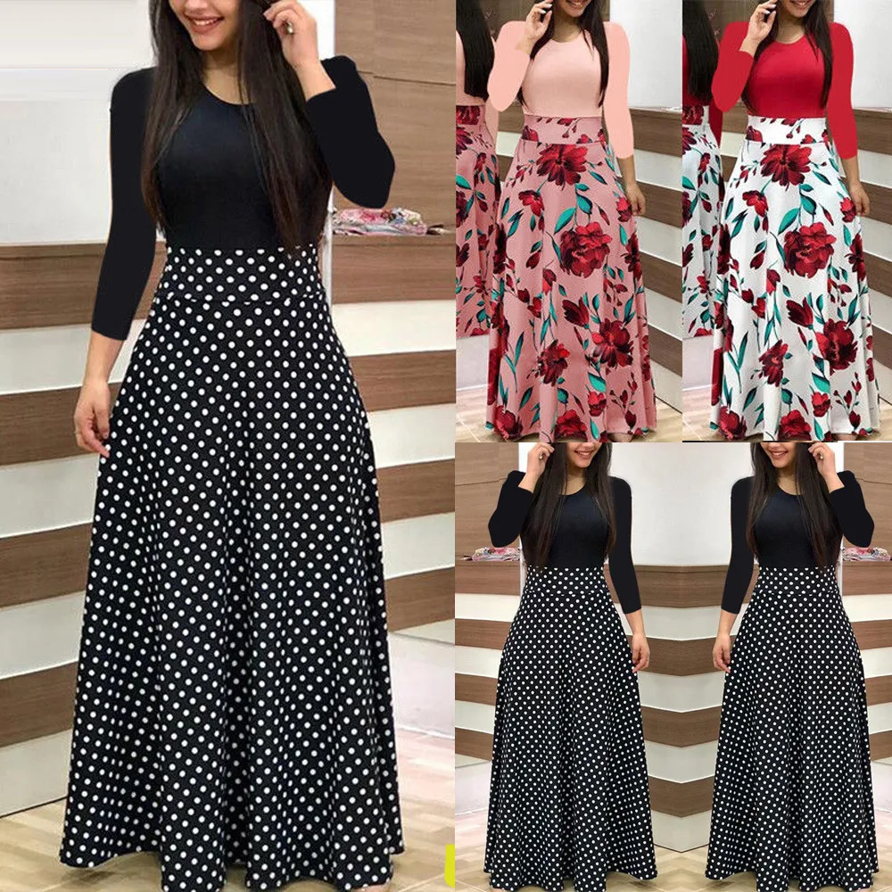 Women Fashion Summer Elegant Casual Party Dress Short Sleeve Polka Dot Floral Print Patchwork Maxi Dress Vestidos New