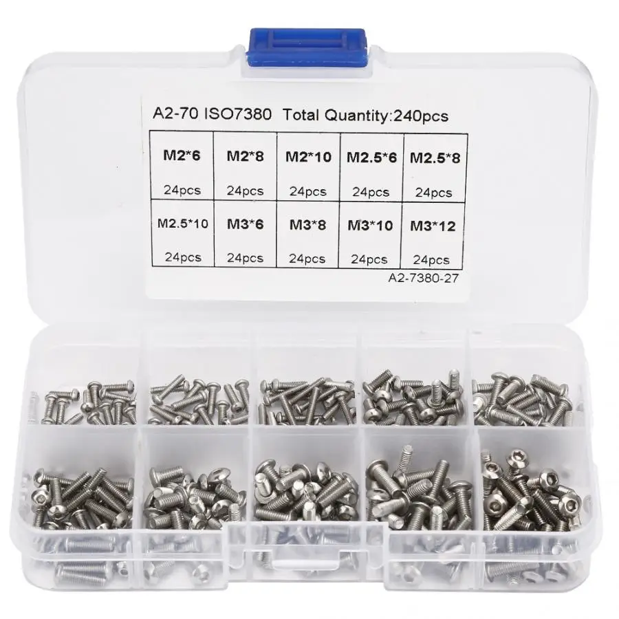 

240pcs M2*6\M2*8\M2*10\M3*6\M3*8\M3*10\M3*12\M2.5*6\M2.5*8\M2.5*10 Hex Socket Screw Set Stainless steel screw
