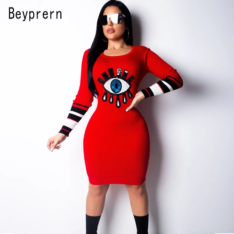 

Beyprern Fashion Rib Side Striped Lip Cartoon Sequined Mini Casual Dress Comfortable Stretchy Sequins Sweater Dress Streetwears