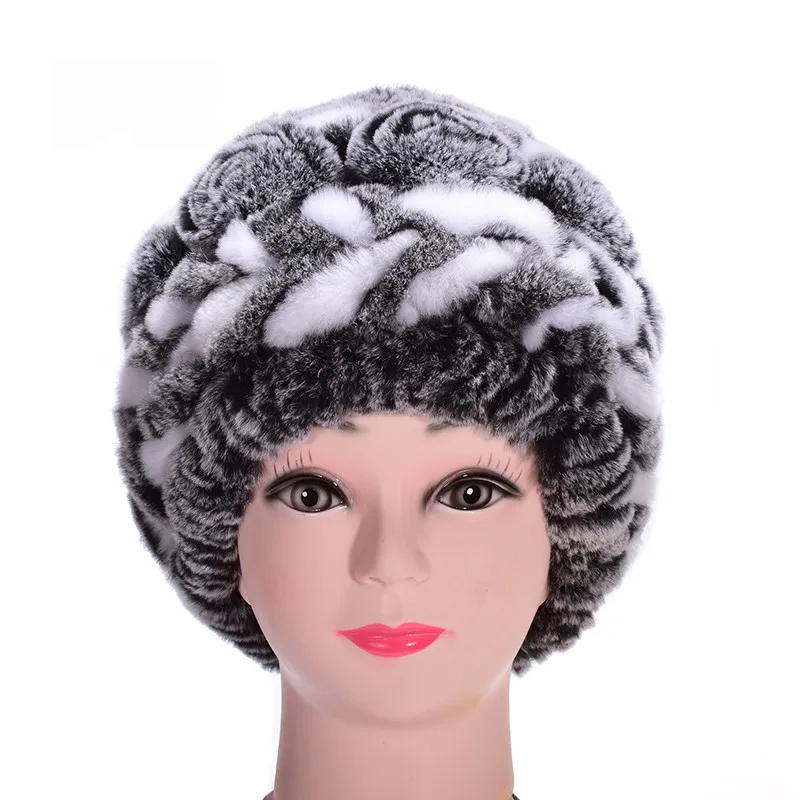 

Multi Color Autumn Winter Women's Real Knitted Rabbit Fur Beanies Hats Caps Lady Ear Protector VF7037