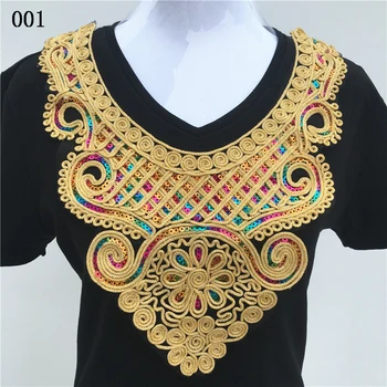 

Golden/Black Collar Venise Sequin Floral Embroidered Lace Applique Trim Decorated Lace Neckline Collar Sewing 6 pcs/lot