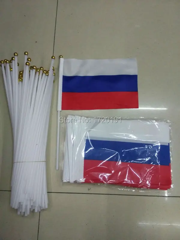 

World National Flag Russia Free shipping 14 * 21cm hand wave flags 100pcs / bag with plastic flagpole Polyester Printing banner