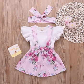 

RU Sale Summer 4Years Girls Clothing Sets 3Pcs Baby Girl Clothes Ruffle Sleeve Tops+Floral Skirt+Headband Kids Clothes Suits D20