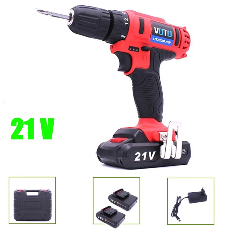 

VOTO 2*Battery Rechargeable Cordless Drill Electric Screwdriver Set With Case Lithium Power Tools Screw Gun Driver 21V RED