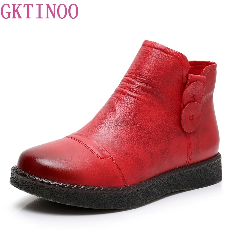 

GKTINOO Genuine Leather Ankle Boots High Quality Fashion Women's Boots New Short Boot 2018 Autumn Winter Retr Flats Boots Women