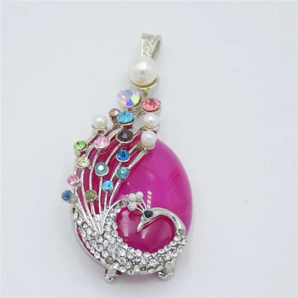 hot pink agates Модный розовый кварцевый кристалл оникс Ляпис тигровый глаз овальной формы бисера инкрустированные Стразы с жемчугом подвеска Павлин женские ожерелья бижутерия - Окраска металла: hot pink agates