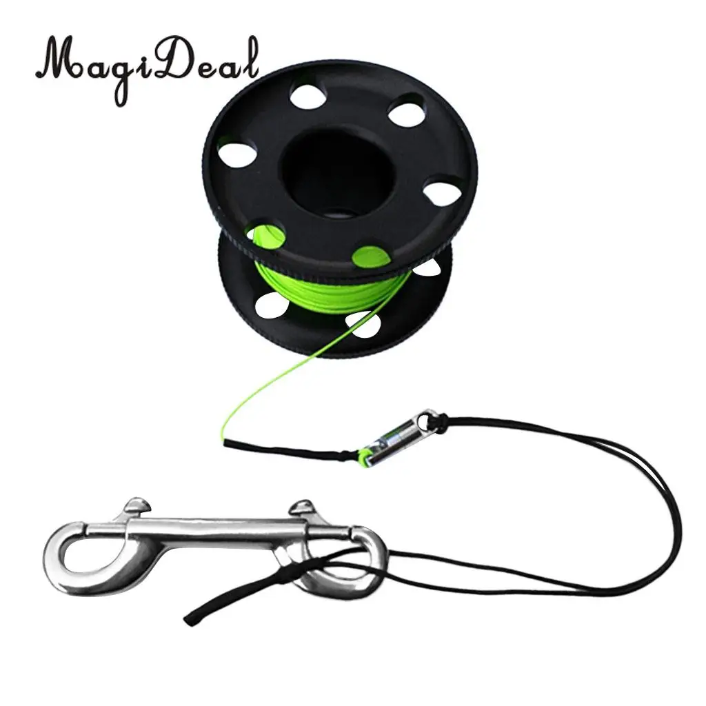 MagiDeal Professional Aluminum Alloy Finger Spool Reel & 30m Line Double End Bolt Snap for Underwater Scuba Diving Applications