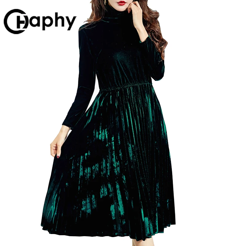 

Elegant Height Waist Turtleneck Velvet Dress 2017 Europe A-Line Pleated Velvet Dresses Long Sleeve Winter Velvet Pleated Dress