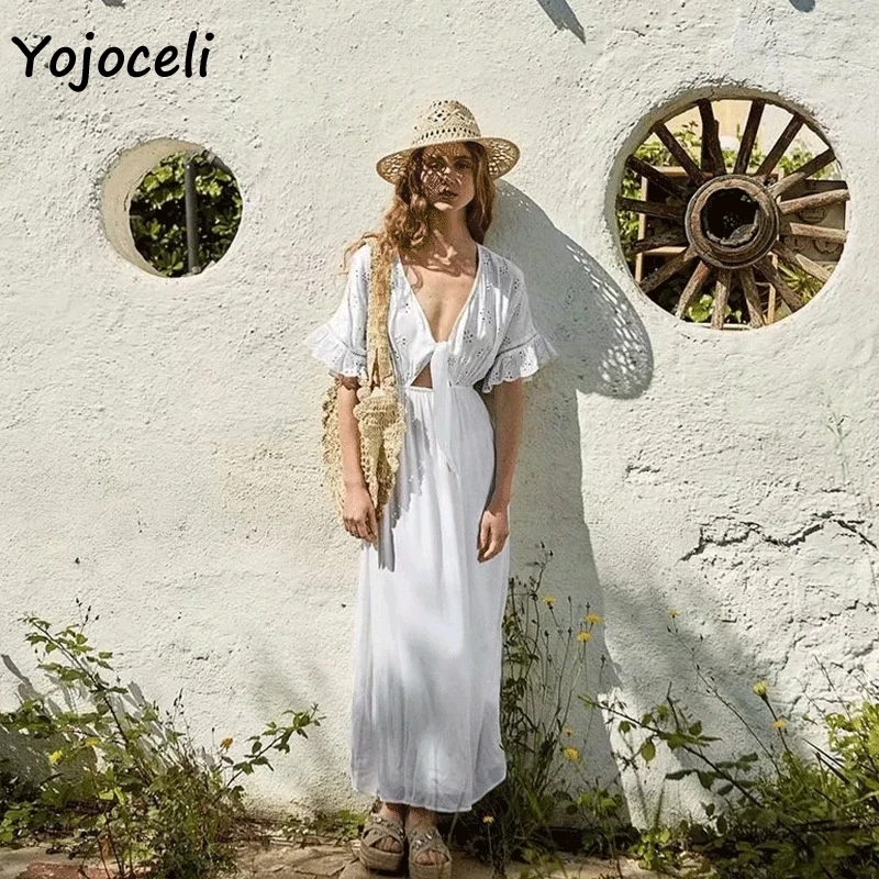 

Yojoceli white boho beach dress women lace crochet bow long dress casual day dress female vestidos 2019