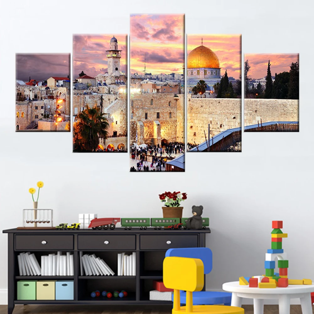 

Modern Wall Art Canvas 5 Panel Jerusalem Sunset Landscape Picture Poster Home Decor HD Print Modular Frame