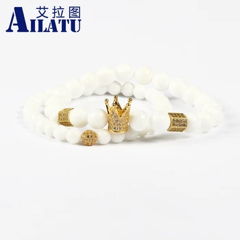 

Ailatu Hot Sale Jewelry Wholesale 10 Sets 8mm Natural White Stone with Micro Pave Cz Crown Couple Bracelet