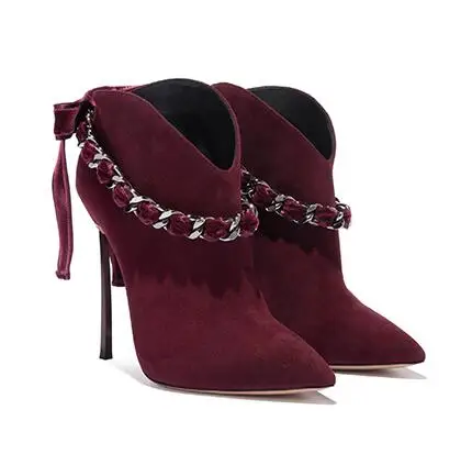 fashion lady spike high heel pointed toe ankle boots fashion suede leather chains woman high heel boots black nude pink red 43