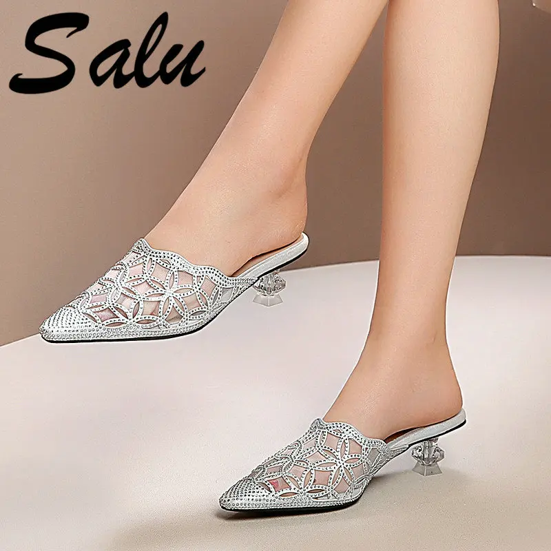 

Salu New Women Genuine Leather Slingbacks Sandals High Heels Party Wedding Shoes Woman Fashion Women's Mules Shoes