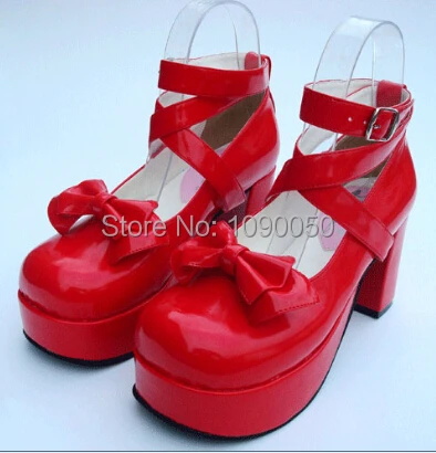 

CDTS Popular lolita bow princess dress shoes high heeled red japanned leather party fashion black Cosplay pumps,plus size:35-44