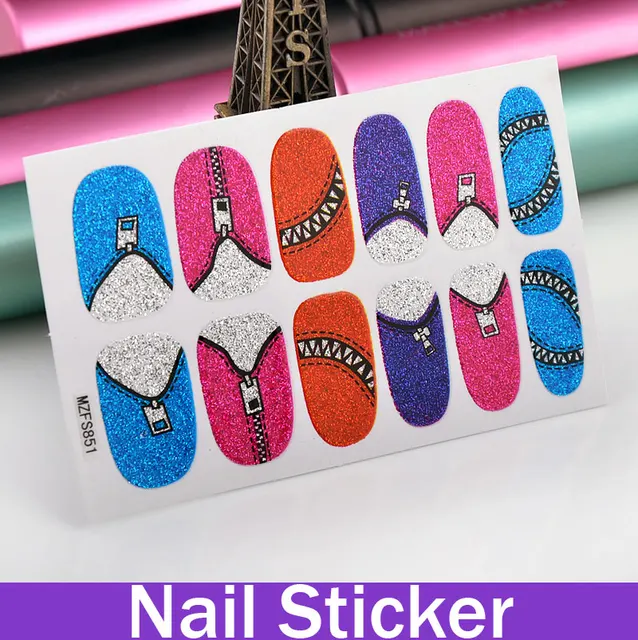 Fashion Style Colorful Zipper Glitter Nail Wraps Full Cover Sticker