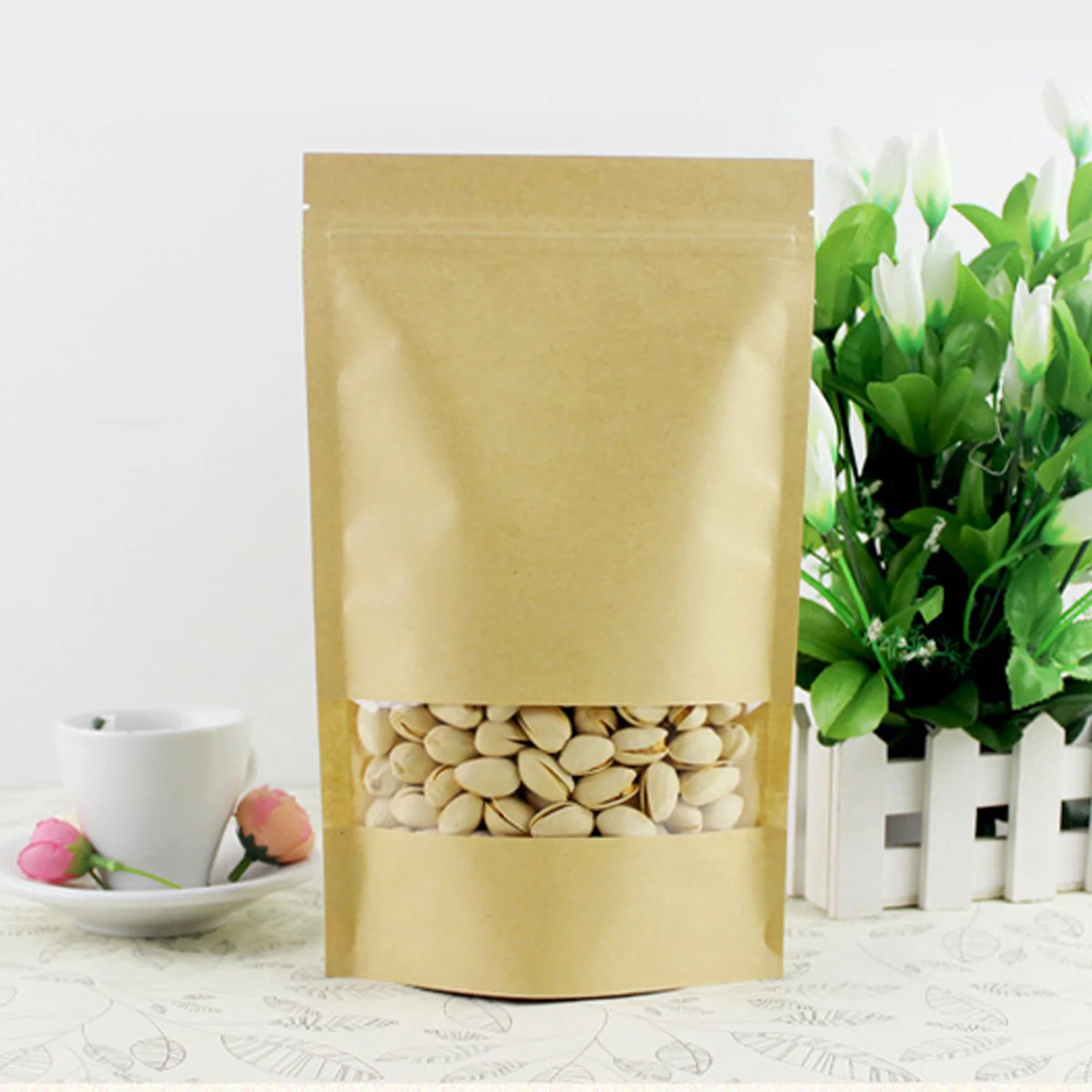 

Behogar 50PCS Reusable Zip Lock Stand-up Kraft Paper Sealing Bags Pouches with Window for Candy Nuts Tea Leaves Fruit Food
