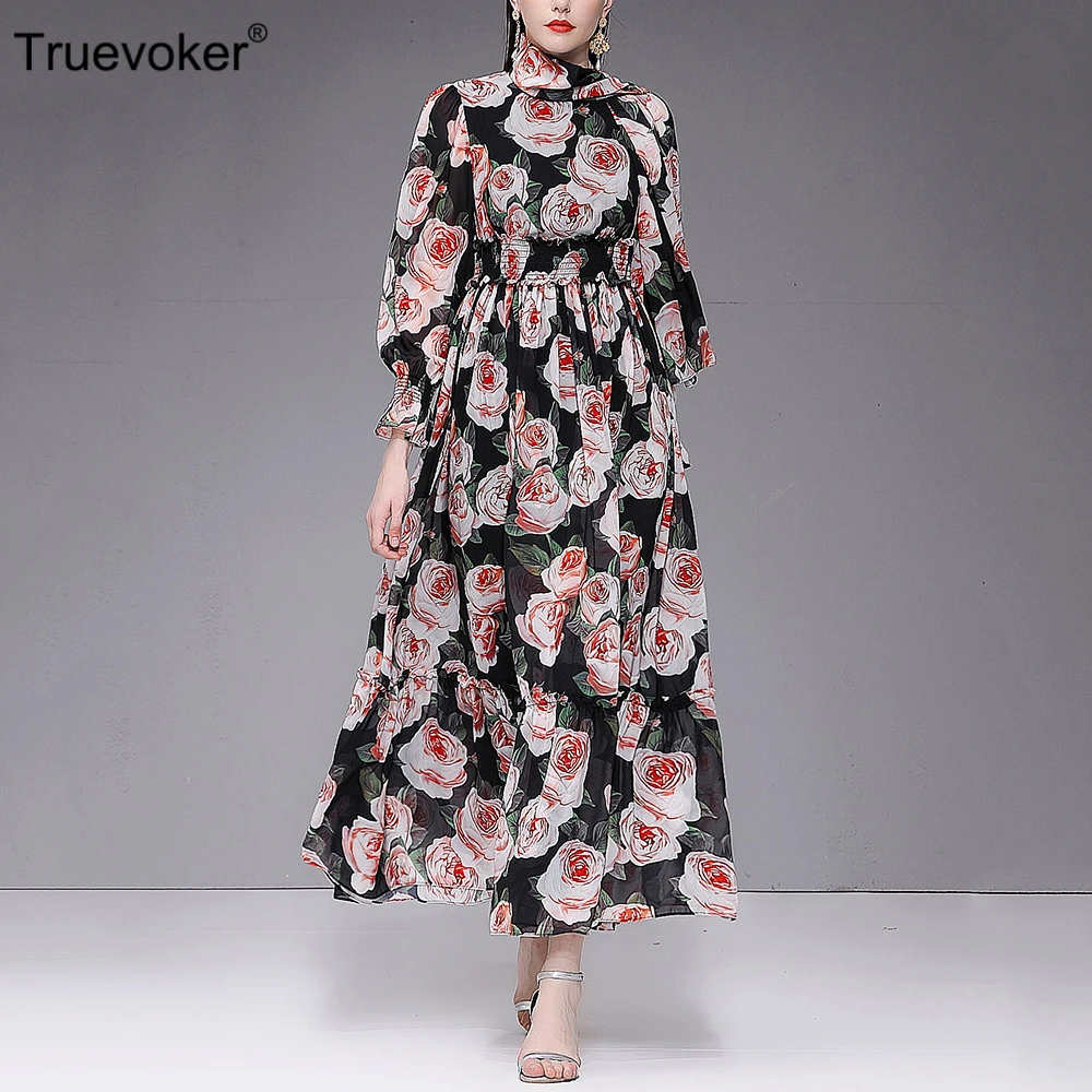 

Truevoker Designer Summer Runway Holiday Maxi Long Dresses Women's Noble Full Sleeve Fancy Flower Printed Ankle Length Vestidoes
