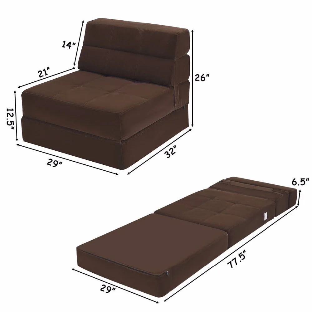 Giantex Tri-Fold Fold Down Chair Flip Out Lounger Convertible Sleeper Bed Couch Dorm New Living Room Furniture HW58039