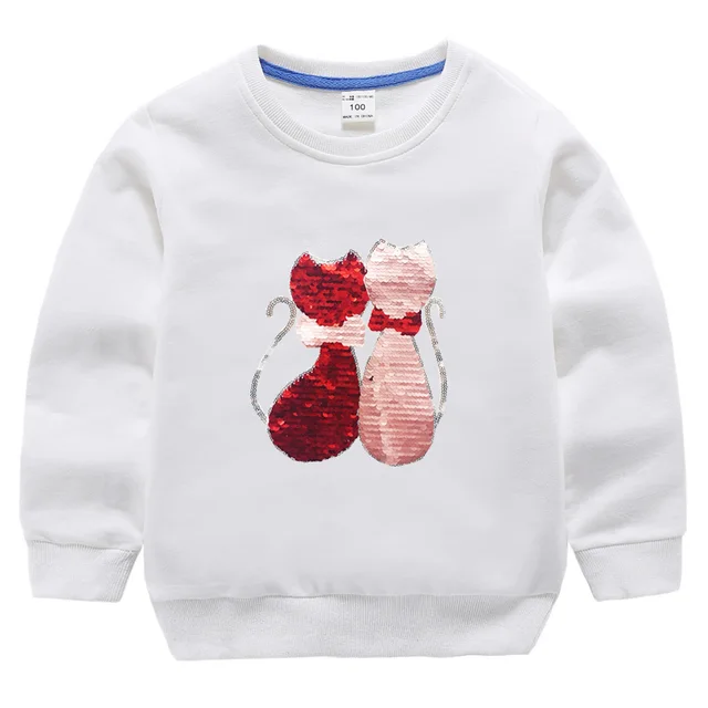 Double Sided Sequin Flash Glitter T-Shirts For Girls Sequins T Shirt Girls Cartoon Cat Kids Tshirt Summer Teen Clothes For Girls Beige