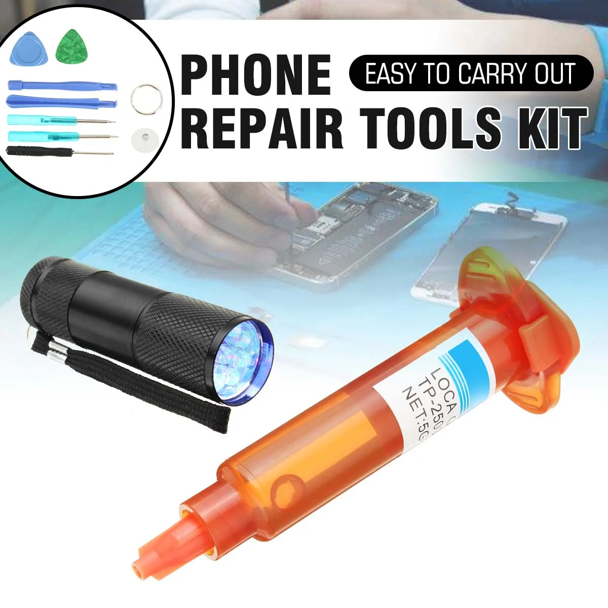 

1Set 5g UV(LOCA) Glue+Outer LCD Screen Glass Replacement Repair Tools Kit+UV LED Light Torch Bearer Mobile Phone Repair Tool Set