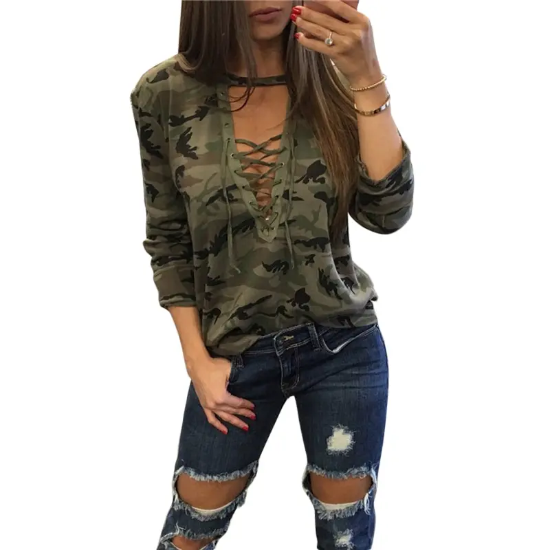 

SHUJIN Camouflage Print Women Long Sleeve Slim T-Shirt Sexy V-Neck Lace-up Tops Fashion Military Style Casual Female T Shirt