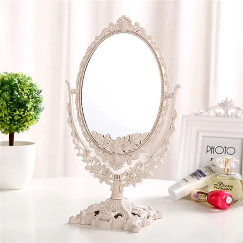 Espejo de maquillaje de escritorio de 360 grados de rotación ovalado de doble cara espejo cosmético Rotable decoración del hogar reflejo de vidrio Espejo de maquillaje de escritorio de 360 grados de rotación ovalado de doble cara espejo cosmético Rotable decoración del hogar reflejo de vidrio
