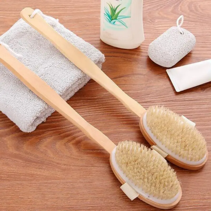

2019 1PC Long Wooden Handle Body Brush Boar Bristles Exfoliating Body Skin Bath Cleaning Brush with for Dry Brushing and Shower