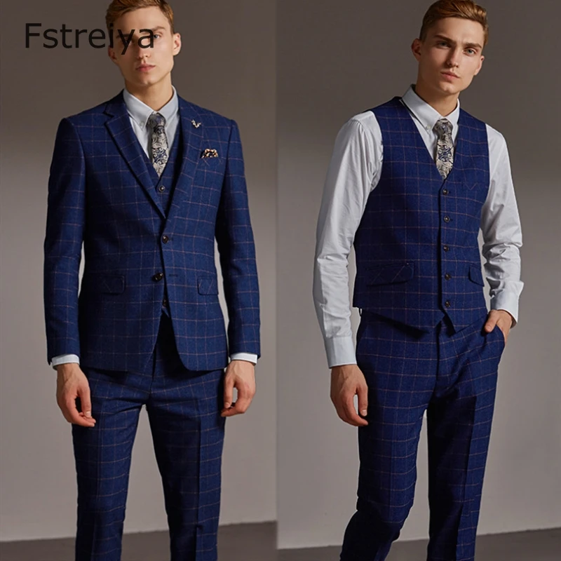 High quality men tailored suit Custom made grid groom slim fit blue suit for wedding customize clothes 3 piece jacket pant vest
