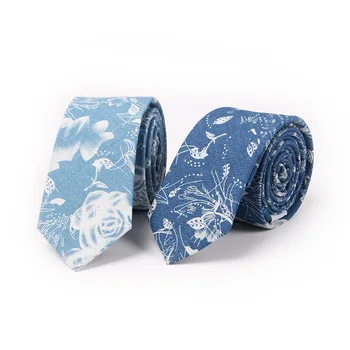 

TagerWilen Casual Men's Denim Cotton Tie 6cm Slim Skinny Narrow Floral Necktie Gravata Wedding Party Gift T-42