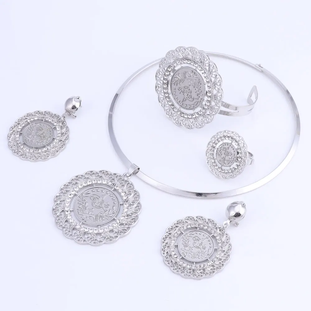 Новейшее лучшее качество, модные итальянские ювелирные изделия из Дубаи, ювелирные наборы с кристаллами, Африканское женское большое ожерелье, браслет, серьги, кольцо, ювелирные изделия - Окраска металла: silver