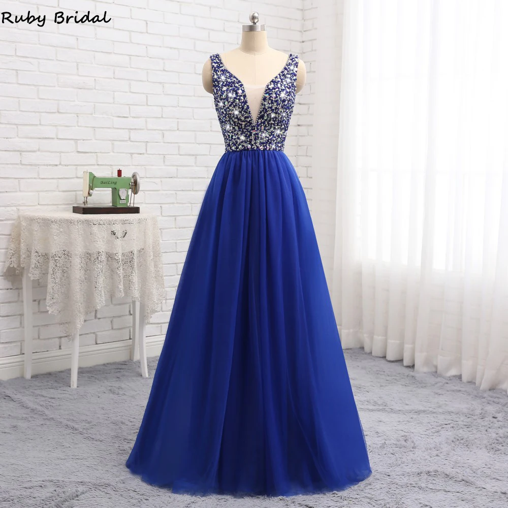 

Ruby Bridal 2019 New Vestido De Noite Long A-line Evening Dresses With Straps Sexy V-Back Beaded Party Gown PW930