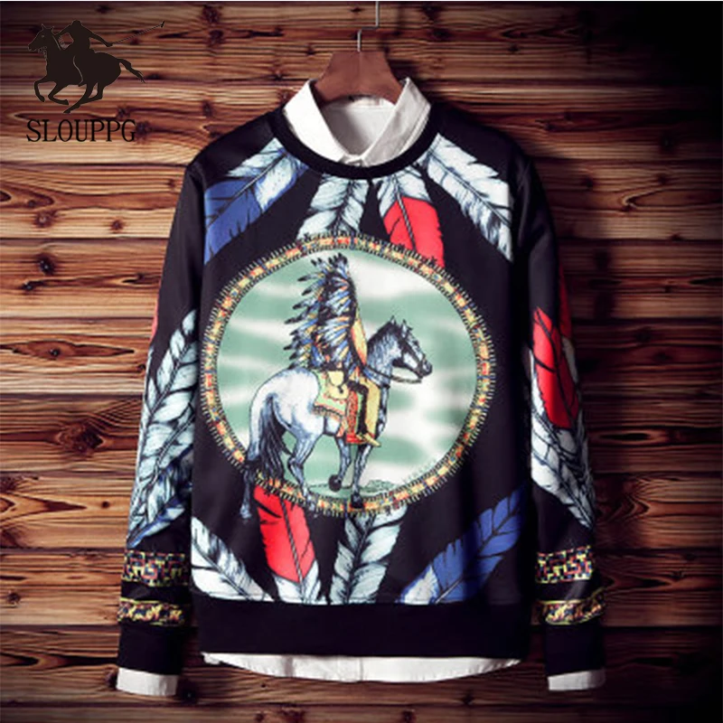 

SLOUPPG new men's plus velvet thickening space cotton warm hooded round neck sweatshirts casual large size tide men's printing