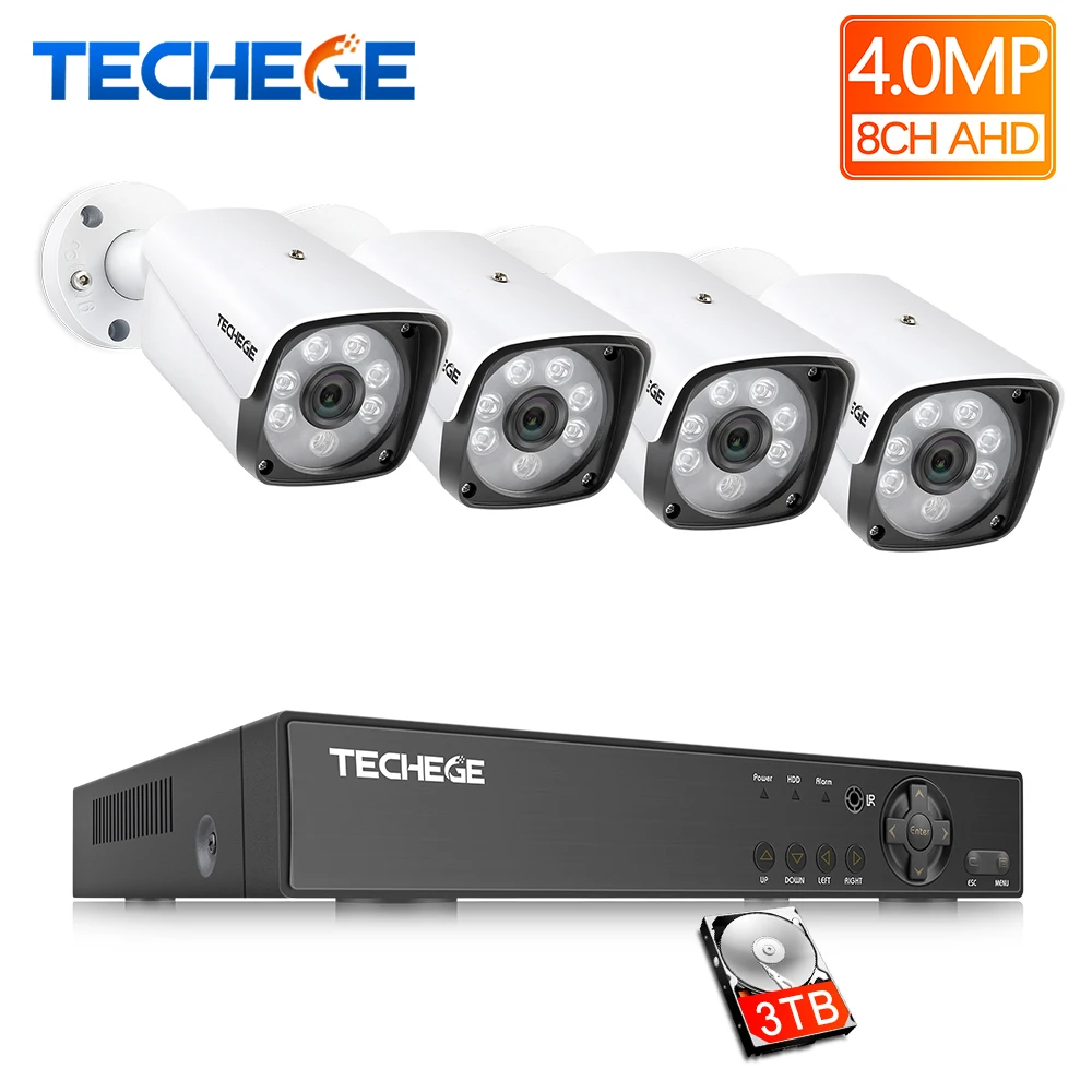 

Techege 4MP Video Camera System 8CH AHD DVR Kit 4pcs 4.0MP HD Waterproof Outdoor CCTV Camera Security Surveillance System Set