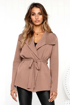 

Vogue Autumn Women Cardigan Knitted Sweater Coat Long Sleeve Female Casual Jacket Turn Down Collar Woman Outwear Tops With Belt